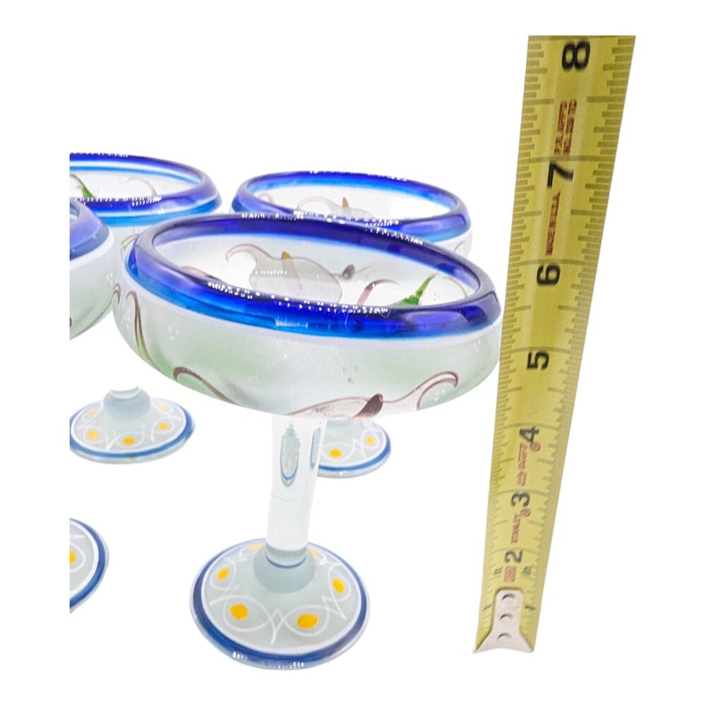 Set of 4 Hand Painted Mexican Blue Rim Margarita Glass White Calla Lilies Lily - Picture 15 of 16